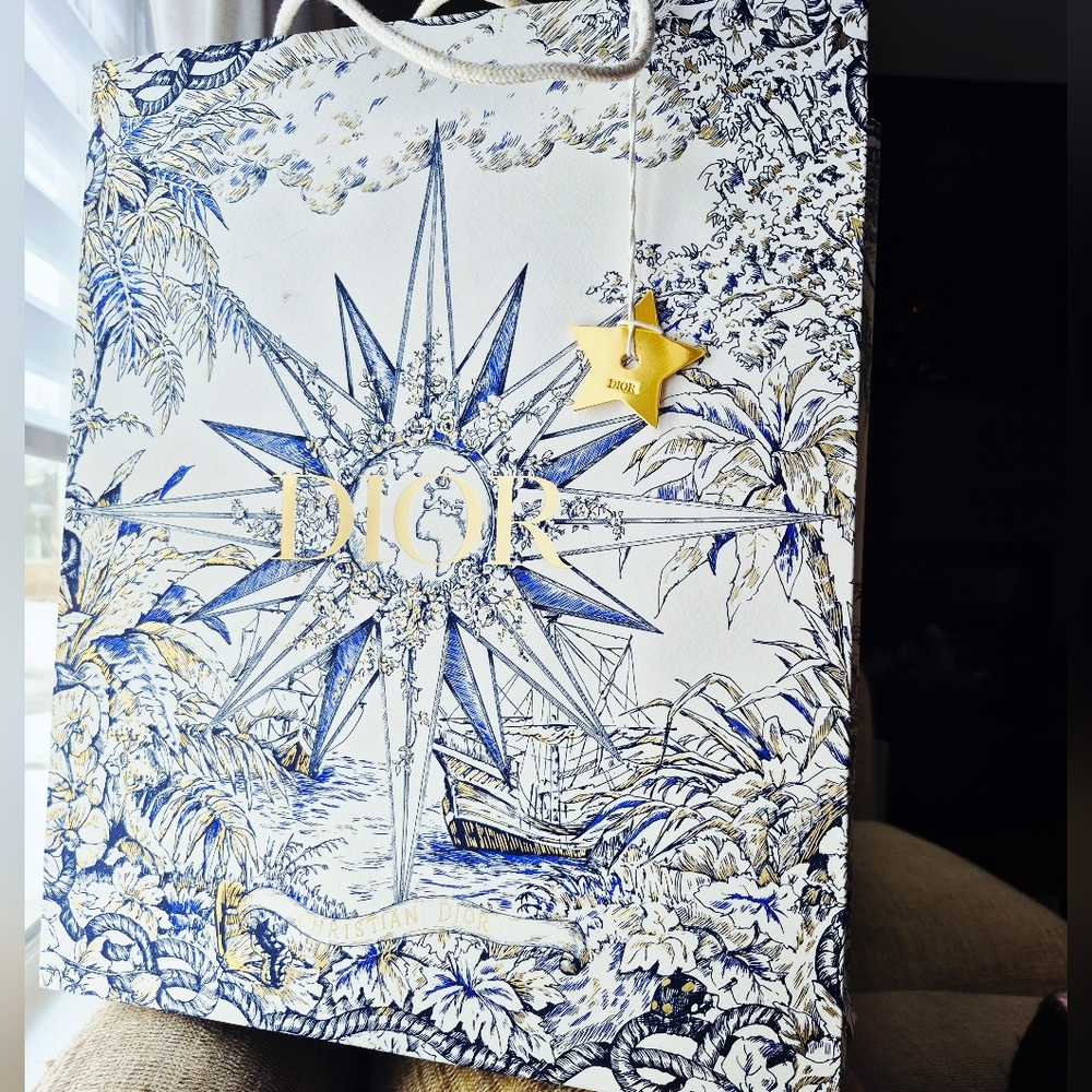 Christian Dior Rare 2022 Nautical Holiday Toile  Blue and White Gift Bag Gold